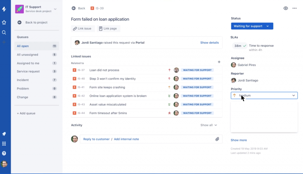 Jira Service desk interface