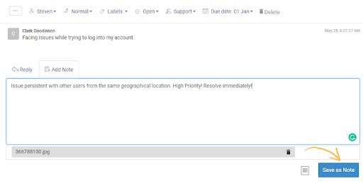 click Save as Note to add it to the ticket