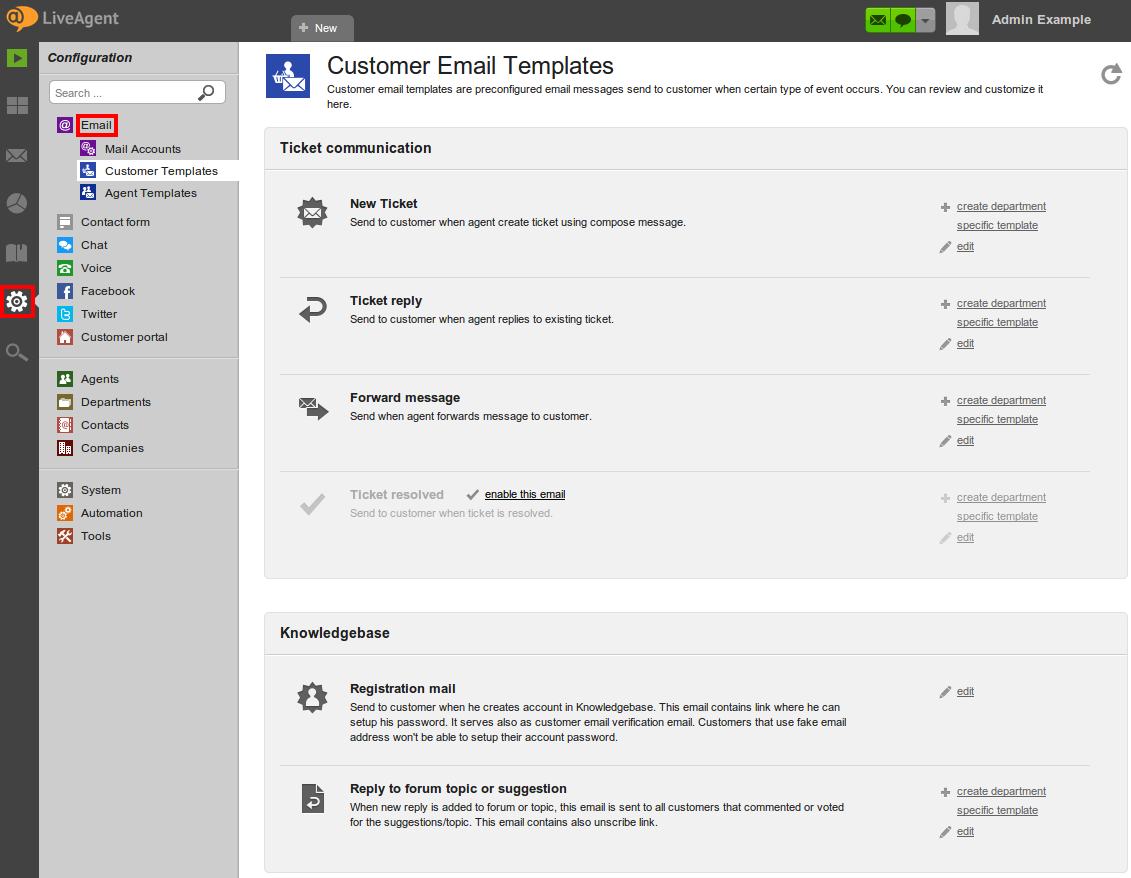 Live agent custom email templates