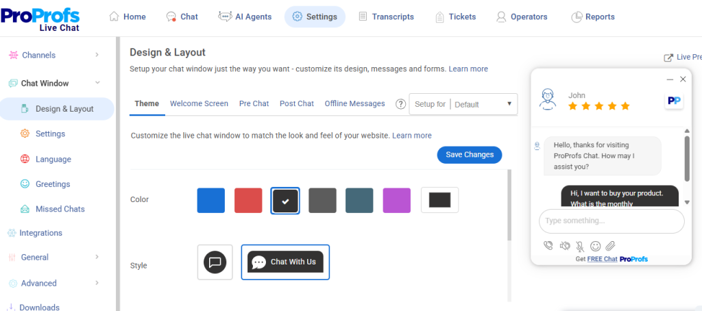 ProProfs Chat Dashboard.