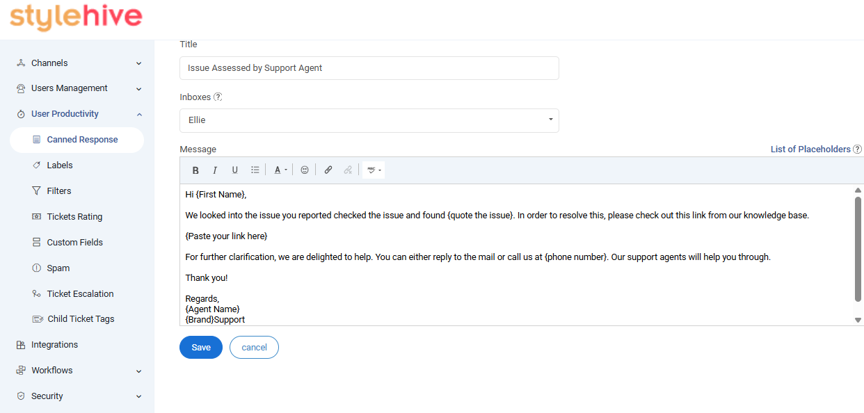 Canned responses in ticketing system