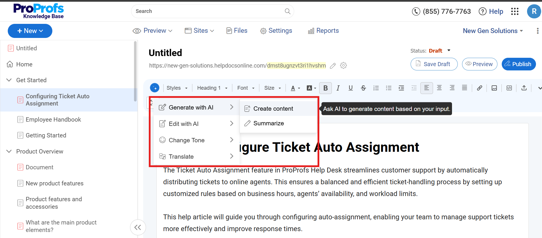 ProProfs Knowledge Base interface